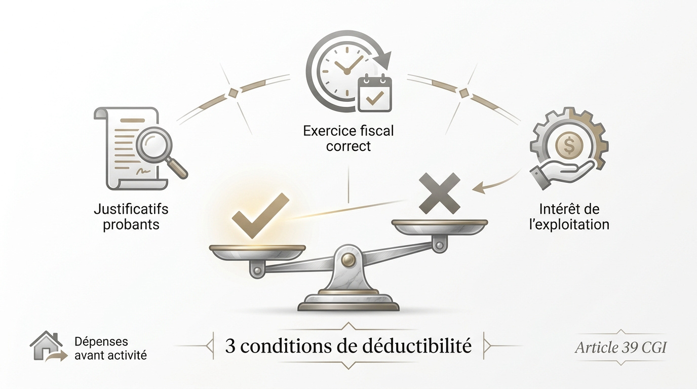 Infographie résumant les conditions de déductibilité fiscale selon l'article 39 du CGI pour le LMNP