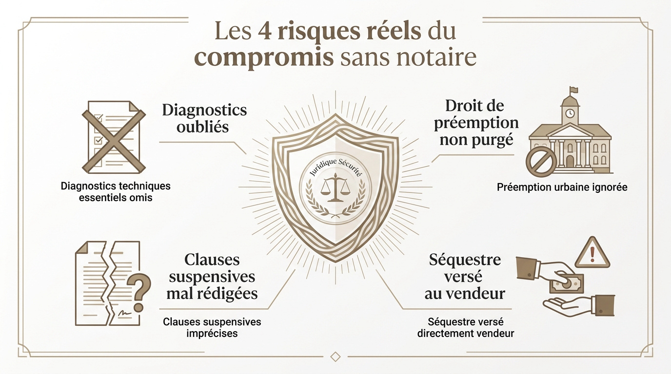 Infographie détaillant les risques juridiques d'un compromis de vente signé sans notaire