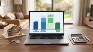 Un ordinateur affichant un graphique sur les abattements fiscaux de plus-value immobilière sur un bureau avec une maquette.