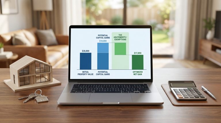 Un ordinateur affichant un graphique sur les abattements fiscaux de plus-value immobilière sur un bureau avec une maquette.