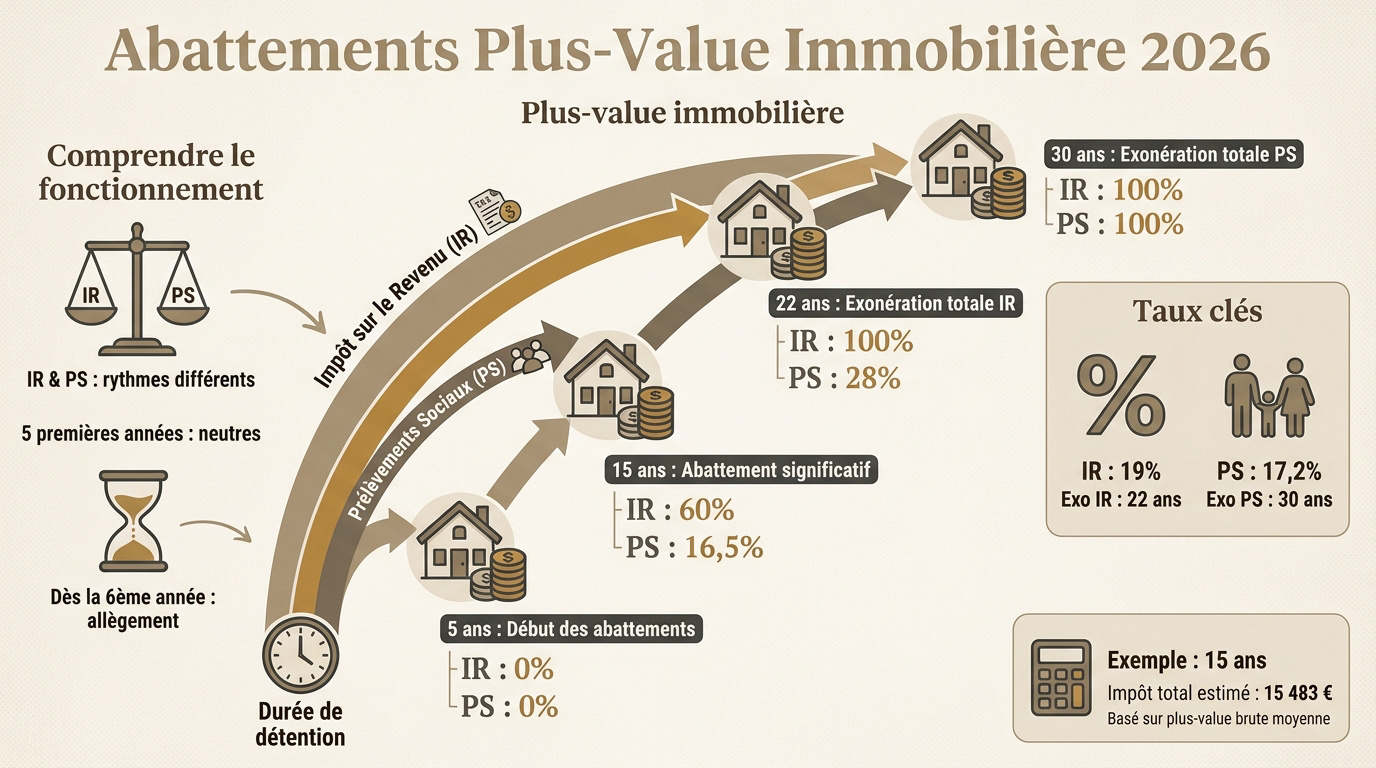 Tableau récapitulatif des abattements pour durée de détention sur la plus-value immobilière en 2026