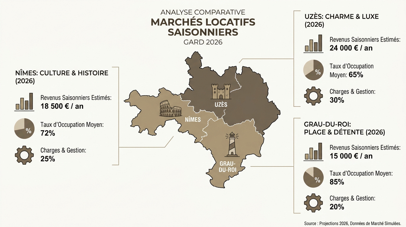 Analyse comparative de la rentabilité locative Airbnb à Nîmes Uzès et au Grau-du-Roi en 2026