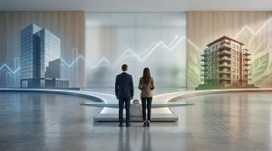 Un homme et une femme en tenue professionnelle face à une balance choisissant entre un immeuble moderne et un immeuble résidentiel.
