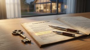 Un document de compromis de vente avec une clé ancienne et deux stylos sur une table devant une maison moderne.