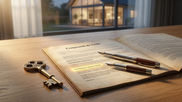 Un document de compromis de vente avec une clé ancienne et deux stylos sur une table devant une maison moderne.