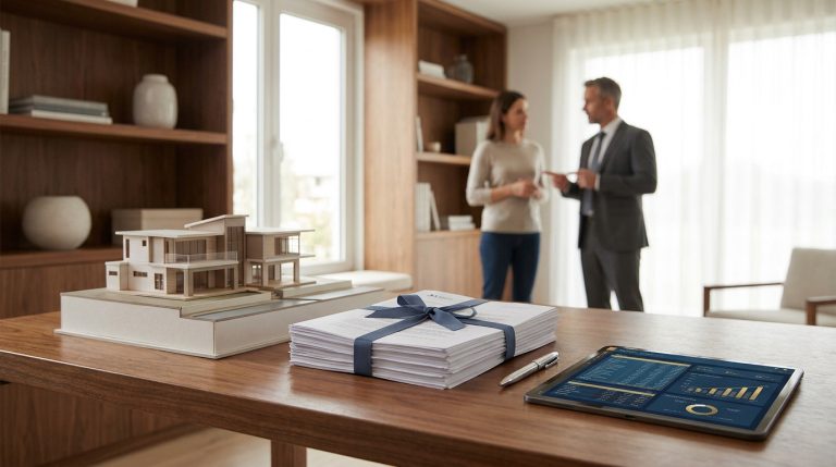 Maquette de maison, documents reliés et tablette avec graphiques sur un bureau devant un couple et un conseiller.