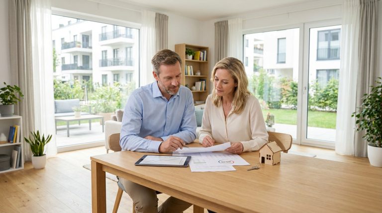 Un couple examine des documents financiers et une maquette de maison sur une table dans un salon lumineux.