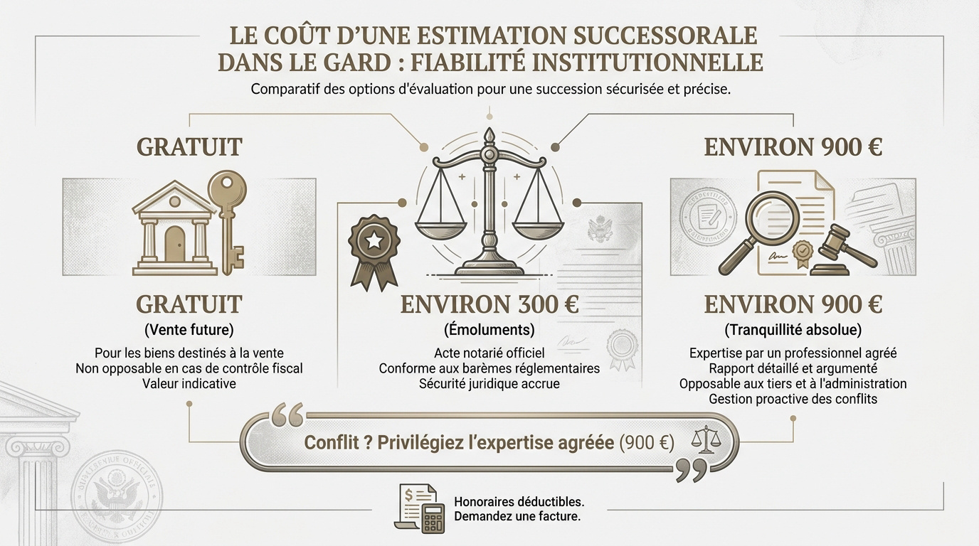 Tableau comparatif des tarifs d'estimation immobilière pour succession dans le Gard par notaire, agence et expert