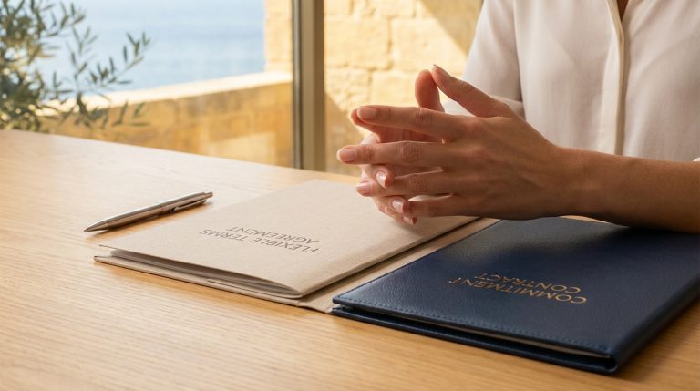 Une personne assise à un bureau devant un contrat d'exclusivité bleu et un document aux conditions flexibles beige.