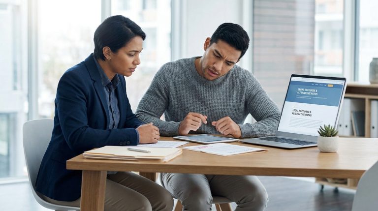 Une conseillère et un homme analysent des documents et un ordinateur dans un bureau lumineux.