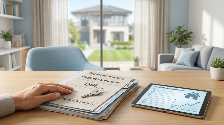 Une main posée sur un dossier de diagnostic immobilier avec une clé et une tablette affichant un suivi d'inspection.