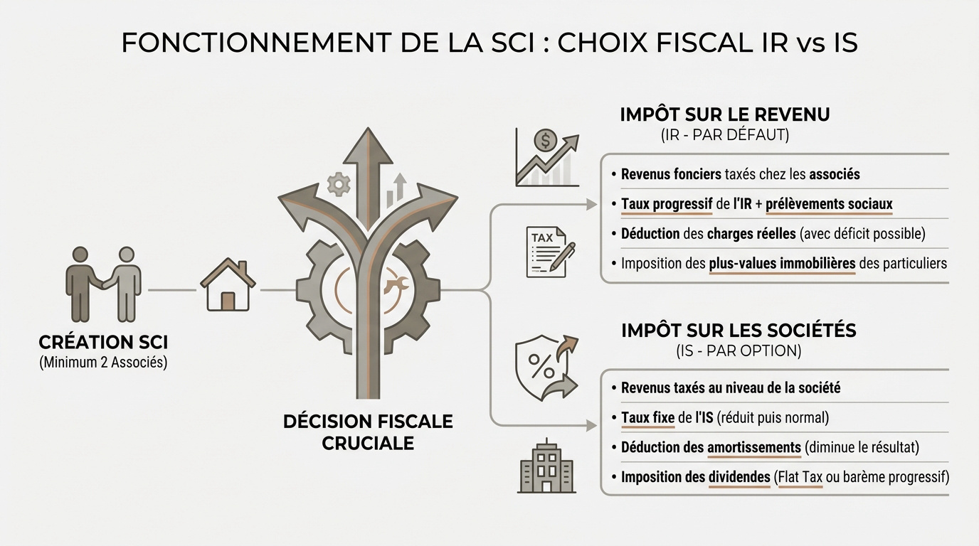 Schéma explicatif du choix fiscal entre IR et IS pour une SCI