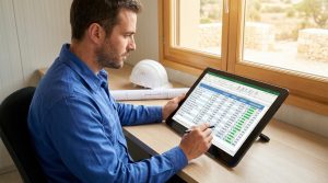 Un professionnel du bâtiment travaille sur un tableau de suivi de chantier Excel sur une tablette tactile.