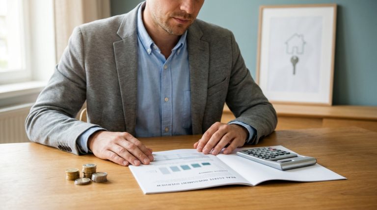 Un homme en costume examinant des documents financiers avec une calculatrice et des pièces de monnaie sur une table.
