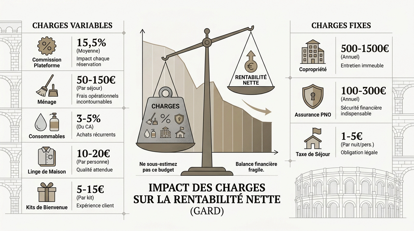 Graphique illustrant l'impact des charges d'exploitation sur la rentabilité nette d'une location Airbnb dans le Gard