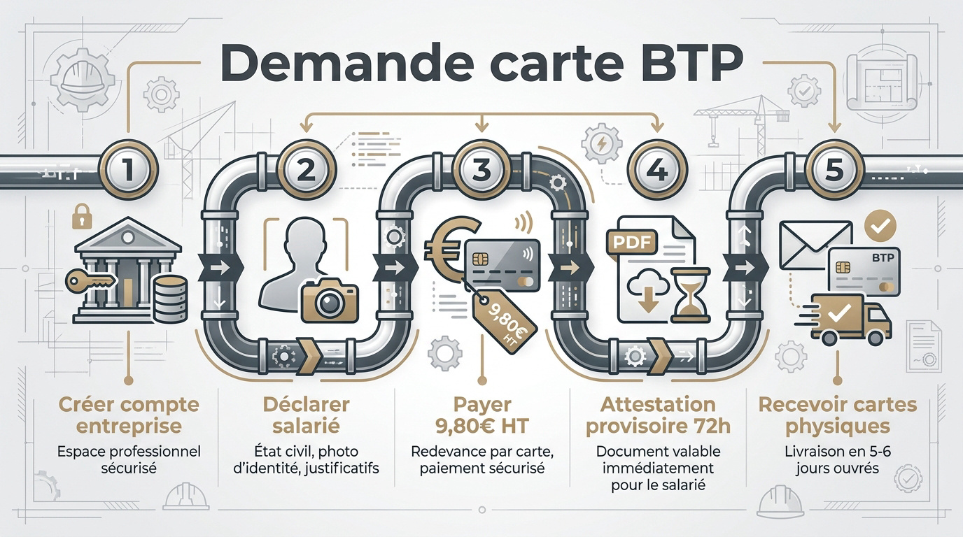 Infographie résumant les 5 étapes pour effectuer la demande de carte BTP en ligne