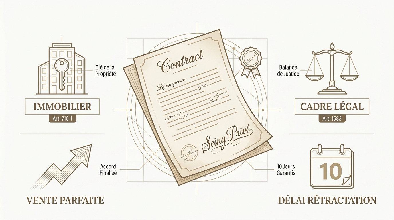 Infographie détaillant le cadre légal du contrat immobilier et les articles du Code civil