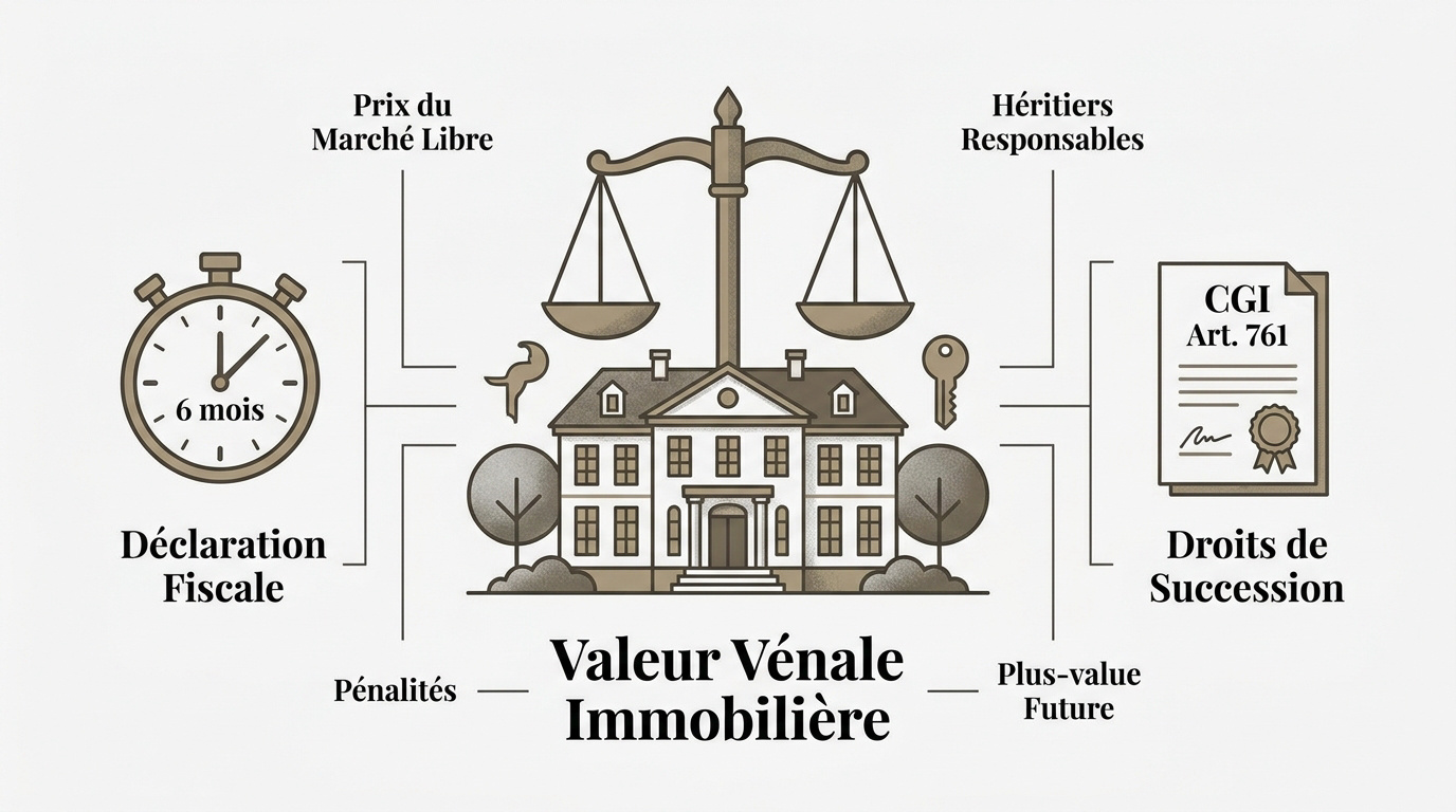 Infographie expliquant les étapes de l'évaluation immobilière et le calcul des droits de succession