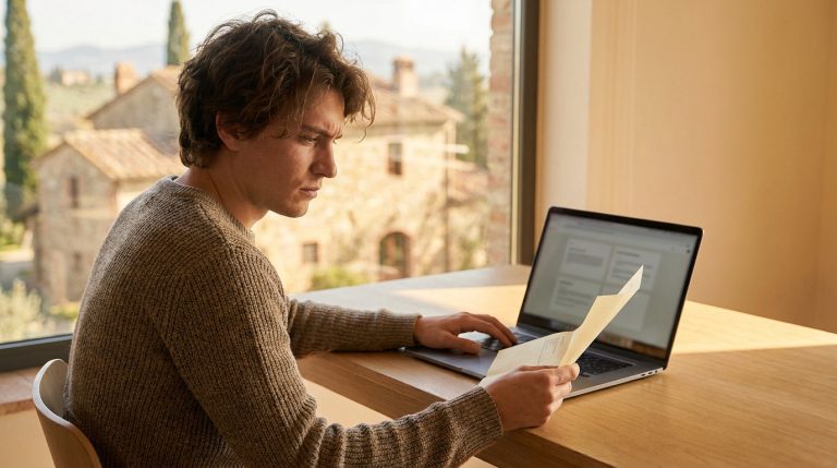 Un jeune homme concentré lit un document papier devant son ordinateur portable.