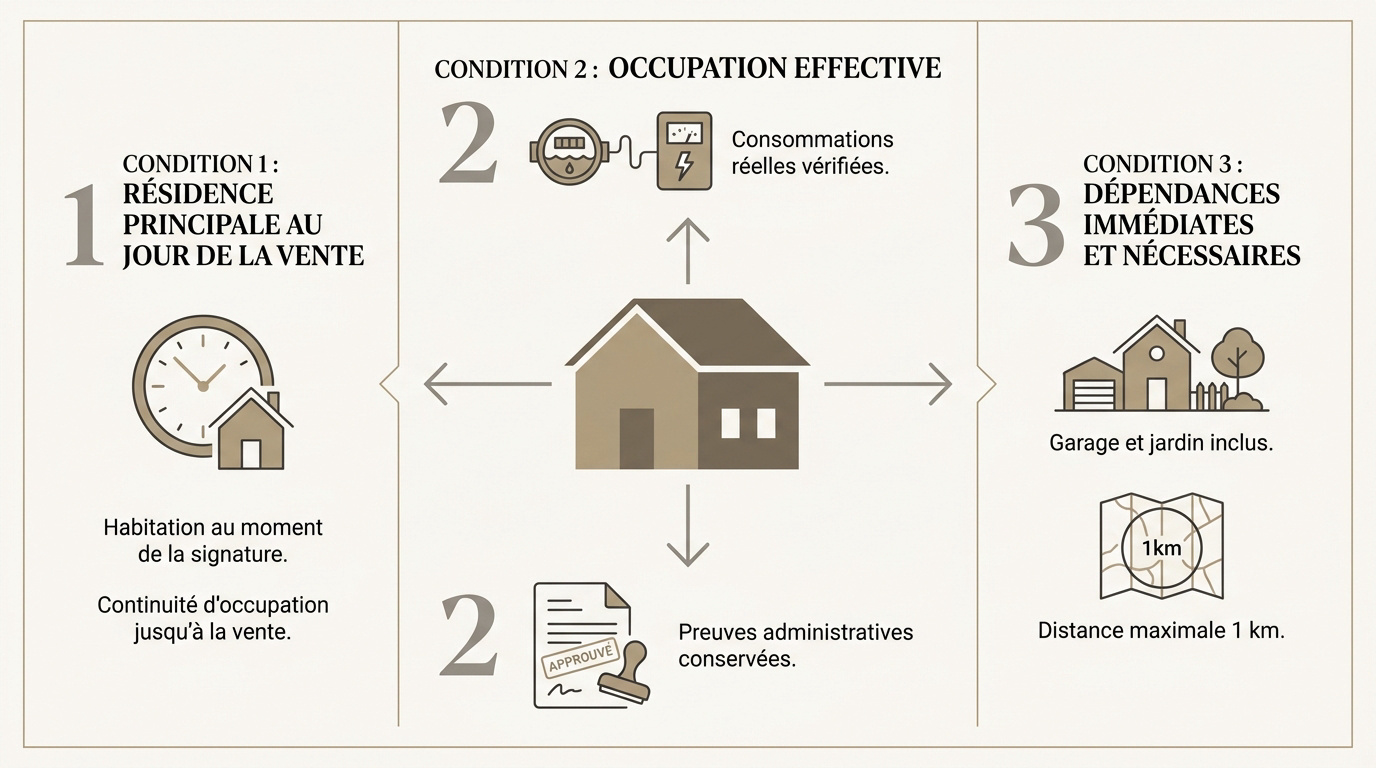 Schéma explicatif des conditions d'exonération de plus-value immobilière pour une résidence principale