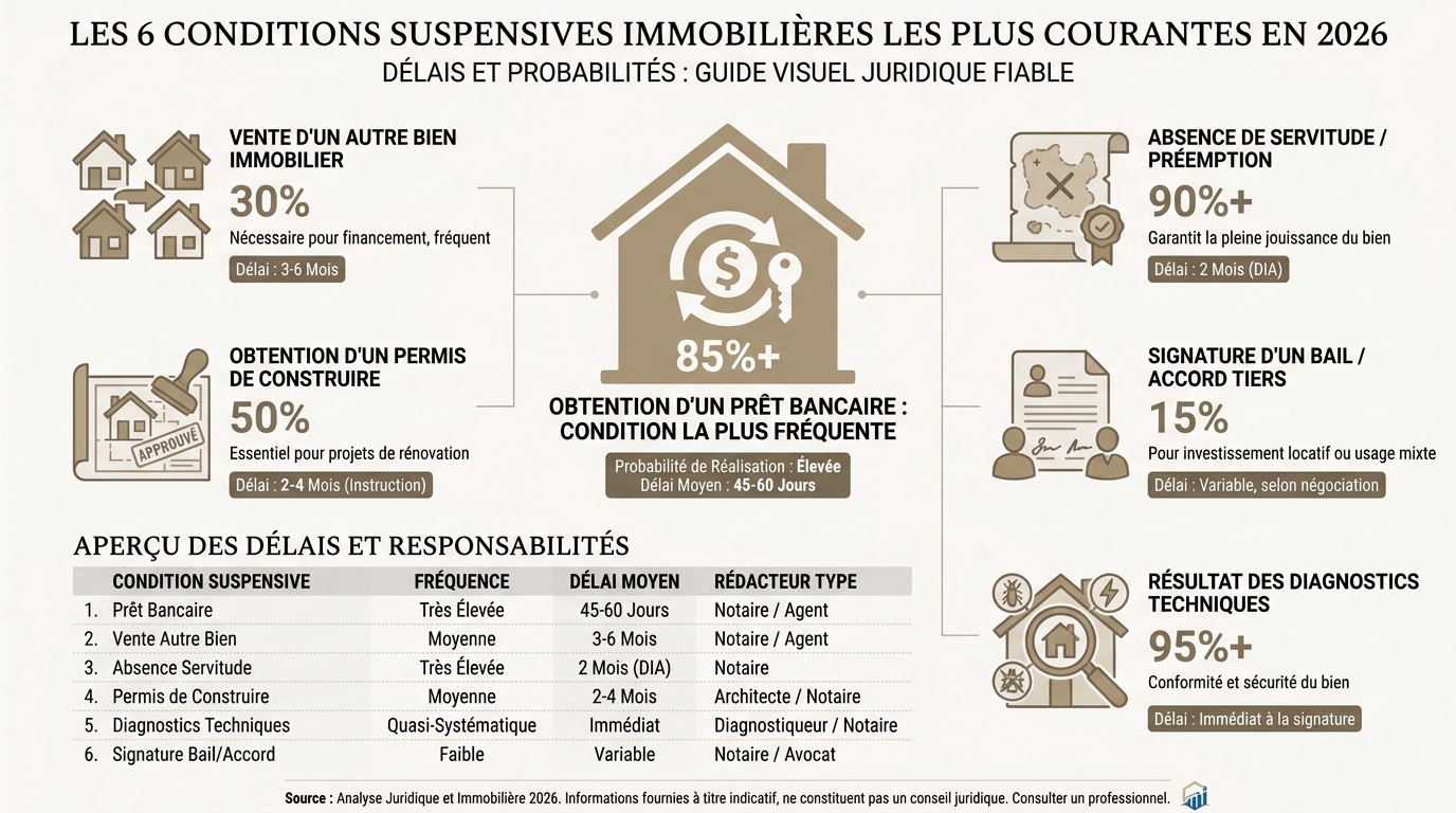Infographie présentant les 6 conditions suspensives essentielles pour un compromis de vente immobilier en 2026