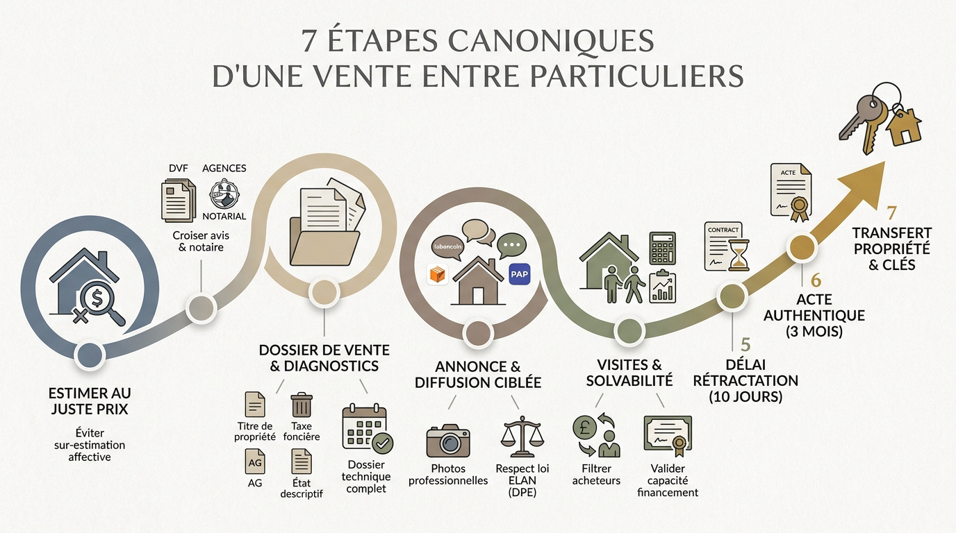 Infographie détaillant les étapes clés pour vendre sa maison sans agence immobilière