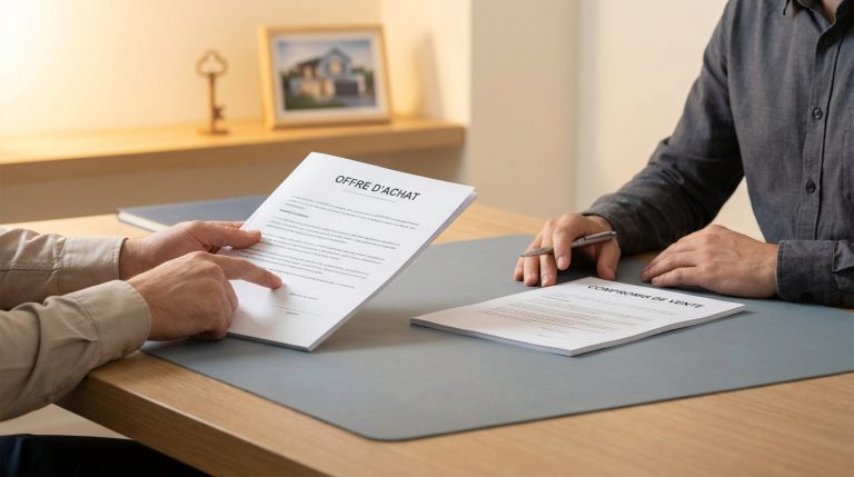 Deux personnes examinant un document d'offre d'achat immobilier et un compromis de vente sur un bureau.