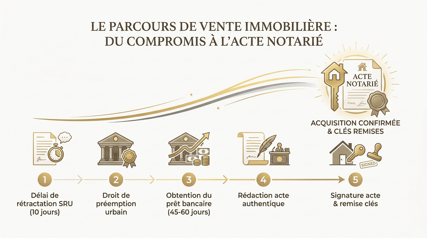 Infographie des étapes clés entre la signature du compromis de vente et l'acte authentique chez le notaire