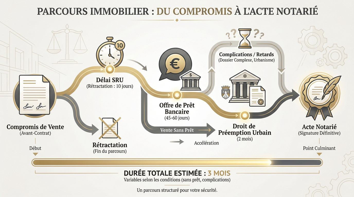 Étapes clés et chronologie entre la signature du compromis de vente et l'acte authentique chez le notaire