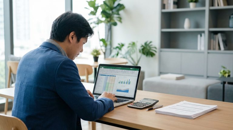 Un homme en costume travaillant sur un ordinateur portable affichant un tableau financier avec des graphiques.