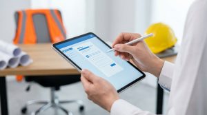 Une personne remplit un formulaire de carte BTP sur une tablette avec un stylet dans un bureau.