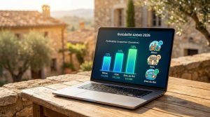 Un ordinateur portable sur une table en bois affichant un graphique de rentabilité Airbnb pour Nîmes, Uzès et Grau-du-Roi.