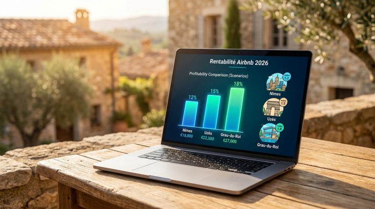 Un ordinateur portable sur une table en bois affichant un graphique de rentabilité Airbnb pour Nîmes, Uzès et Grau-du-Roi.