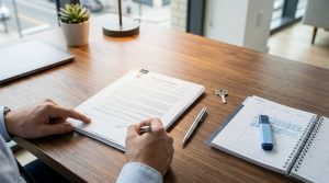 Mains d'une personne signant un contrat immobilier sur un bureau en bois avec une clé et un calendrier.