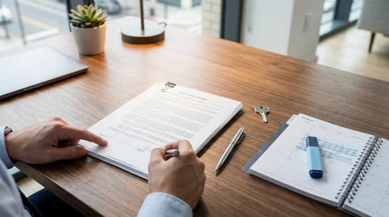 Mains d'une personne signant un contrat immobilier sur un bureau en bois avec une clé et un calendrier.