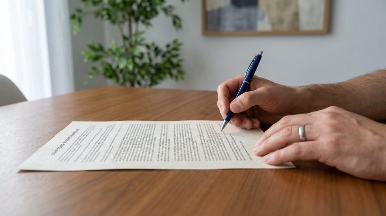 Mains d'une personne signant un compromis de vente immobilier sur une table en bois dans un intérieur lumineux.