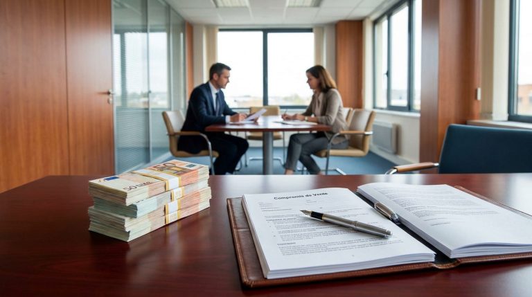 Liasses de billets de 50 euros et un document de compromis de vente posés sur un bureau dans un bureau d'avocat.