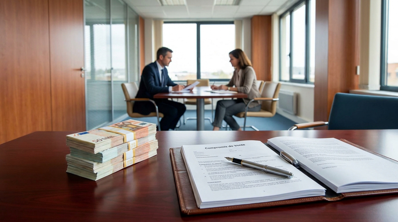 Liasses de billets de 50 euros et un document de compromis de vente posés sur un bureau dans un bureau d'avocat.