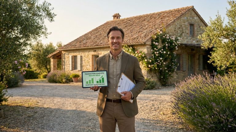 Un homme souriant devant une maison en pierre, tenant une tablette indiquant une vente réussie et des économies réalisées.