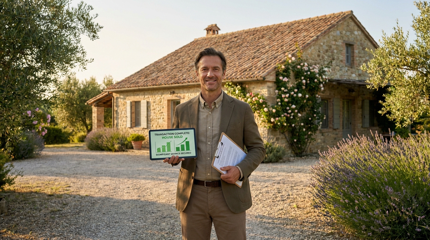 Un homme souriant devant une maison en pierre, tenant une tablette indiquant une vente réussie et des économies réalisées.
