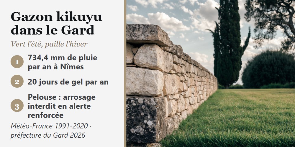 Pelouse dense au pied d’un mur de pierre sèche, cyprès au fond, et climat du Gard : 734,4 mm de pluie, 20 jours de gel