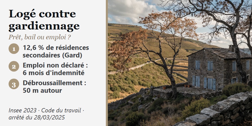 Maison de pierre des Cévennes aux volets clos, panneau : logement contre gardiennage, prêt, bail ou emploi