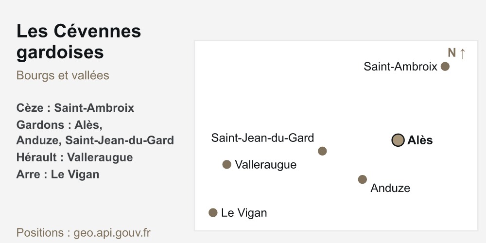 Les Cévennes, carte des bourgs gardois : Anduze, Saint-Jean-du-Gard, Valleraugue, Saint-Ambroix, Le Vigan et Alès